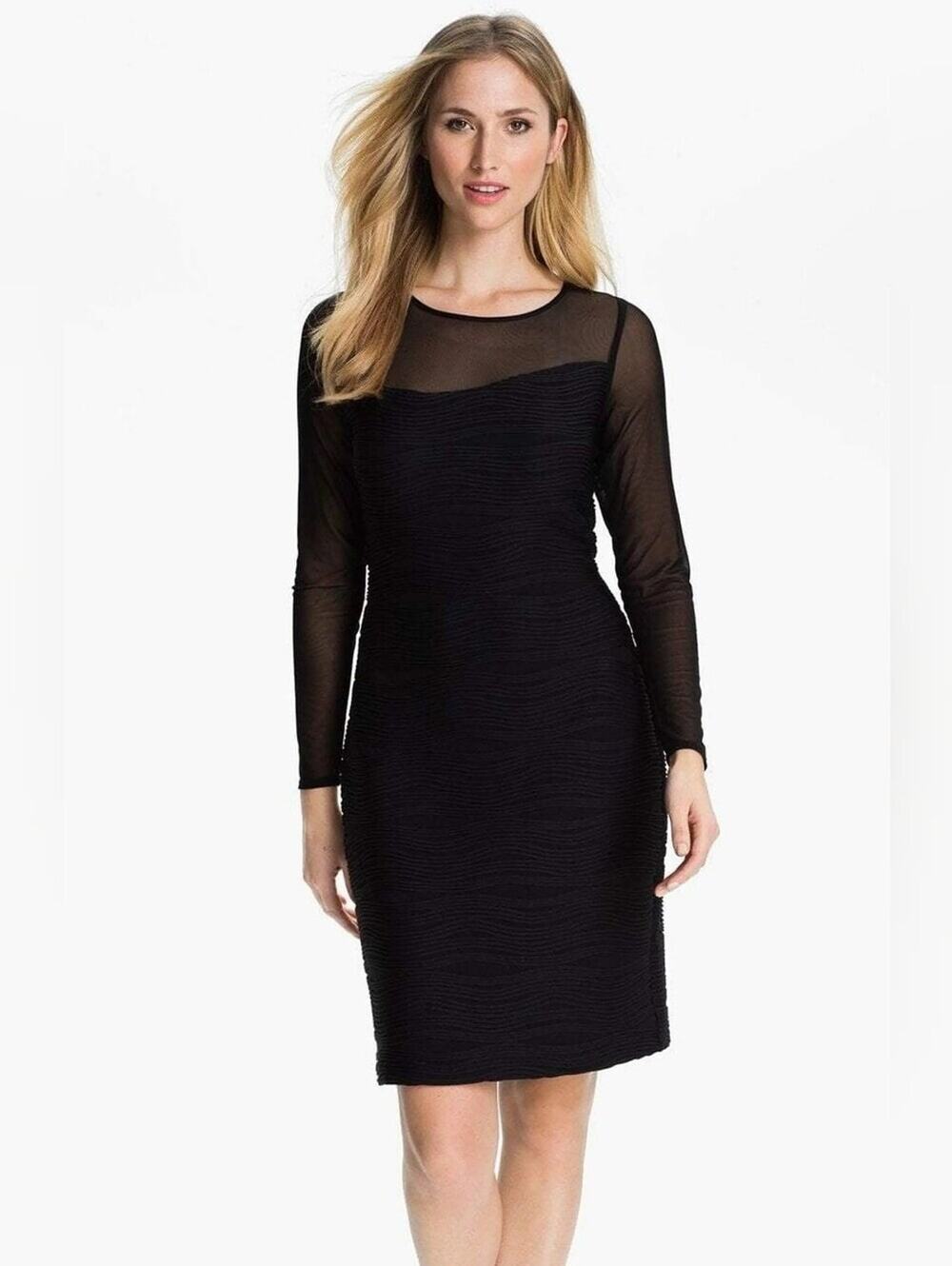 Donna Ricco Sheer Yoke Mesh Long Sleeve Black Dress Size 8
